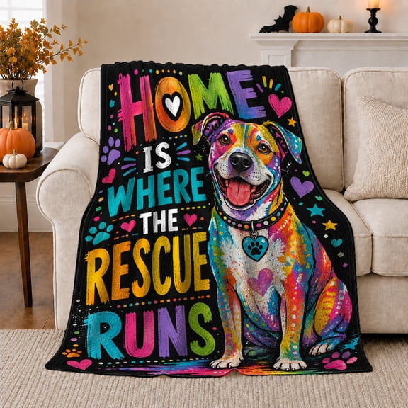 Home Is Where The Rescue Runs Dog Art, Uplifting Graphic Style for Dog Lovers, Rainbow Rescue Quote and Pet Adoption Gift, Cozy Flannel Blanket for Bedroom and Family Room, Pet Home Decor