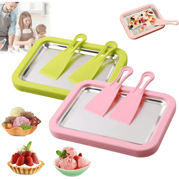 Home Rolled Ice Cream Kit, Portable Instant Rolled Icecream Maker Machine Tray, DIY Freeze Dessert Board with 2 Scrapers, Stainless Steel Ice Cream Maker Tray for Fun Freezer Desserts(2pcs b)
