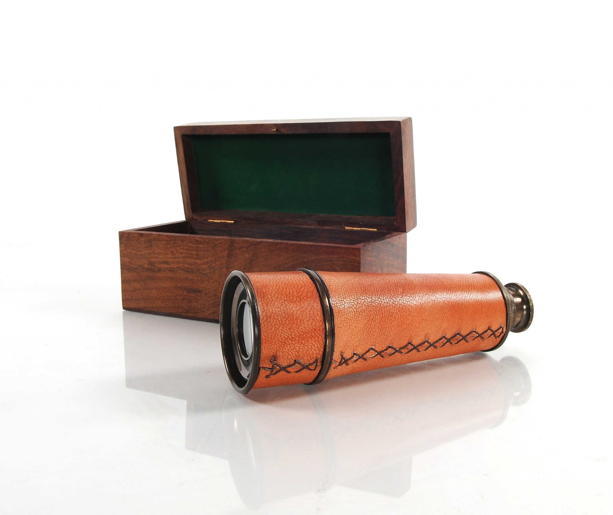 Antique Brass Handheld Telescope with Leather Overlay and Rosewood Box