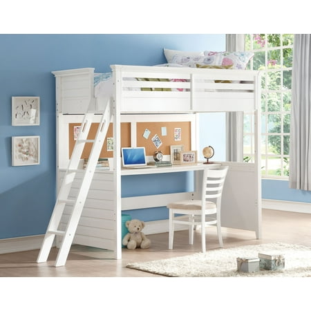 Home Roots 285631 Twin Size Loft Bed with Desk - Poplar Wood, MDF & Plywood, White