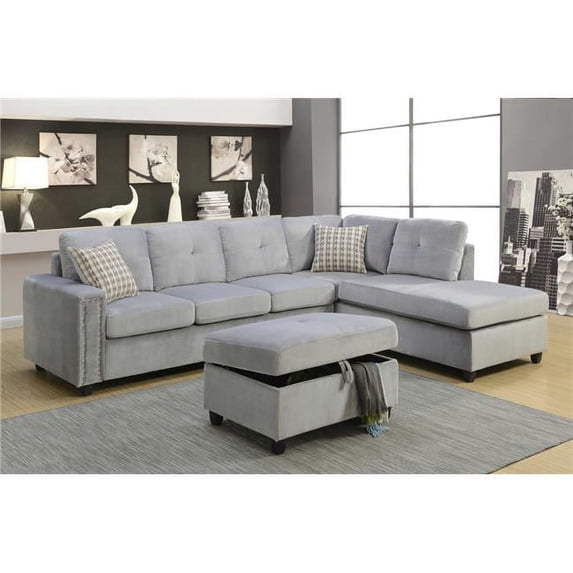 Home Roots 285954 Sectional Sofa with Pillows - Velvet, Wood Frame & Foam, Gray Velvet
