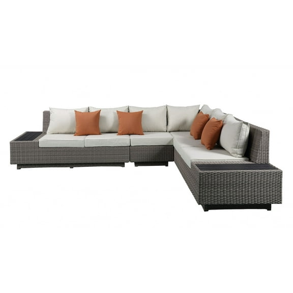 Home Roots 318798 Patio Sectional & Cocktail Table, Beige Fabric & Gray Wicker