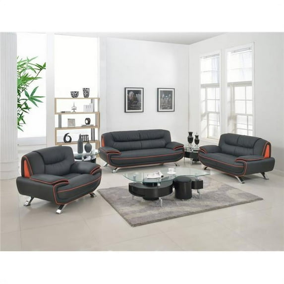 Home Roots 329454 Sleek Leather Sofa Set, Black - 115 in.