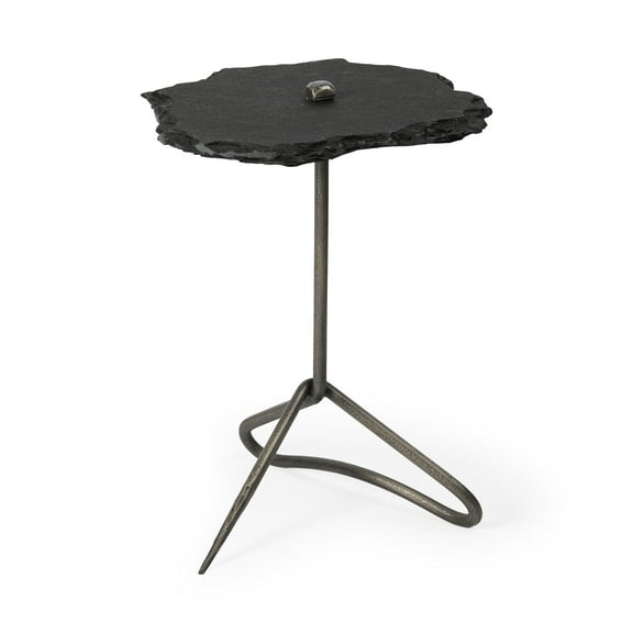 Home Roots 380689 Black Slate-Top Accent Table with Triangular Iron Base