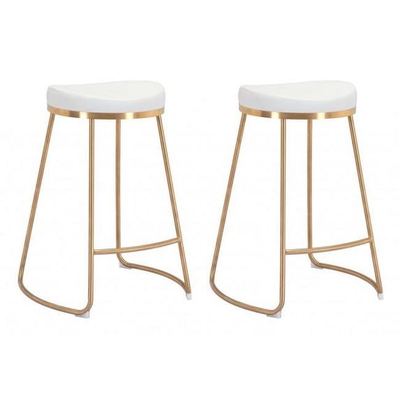 Set of Two White and Gold Modern Glam Geo Backless Counter Stools