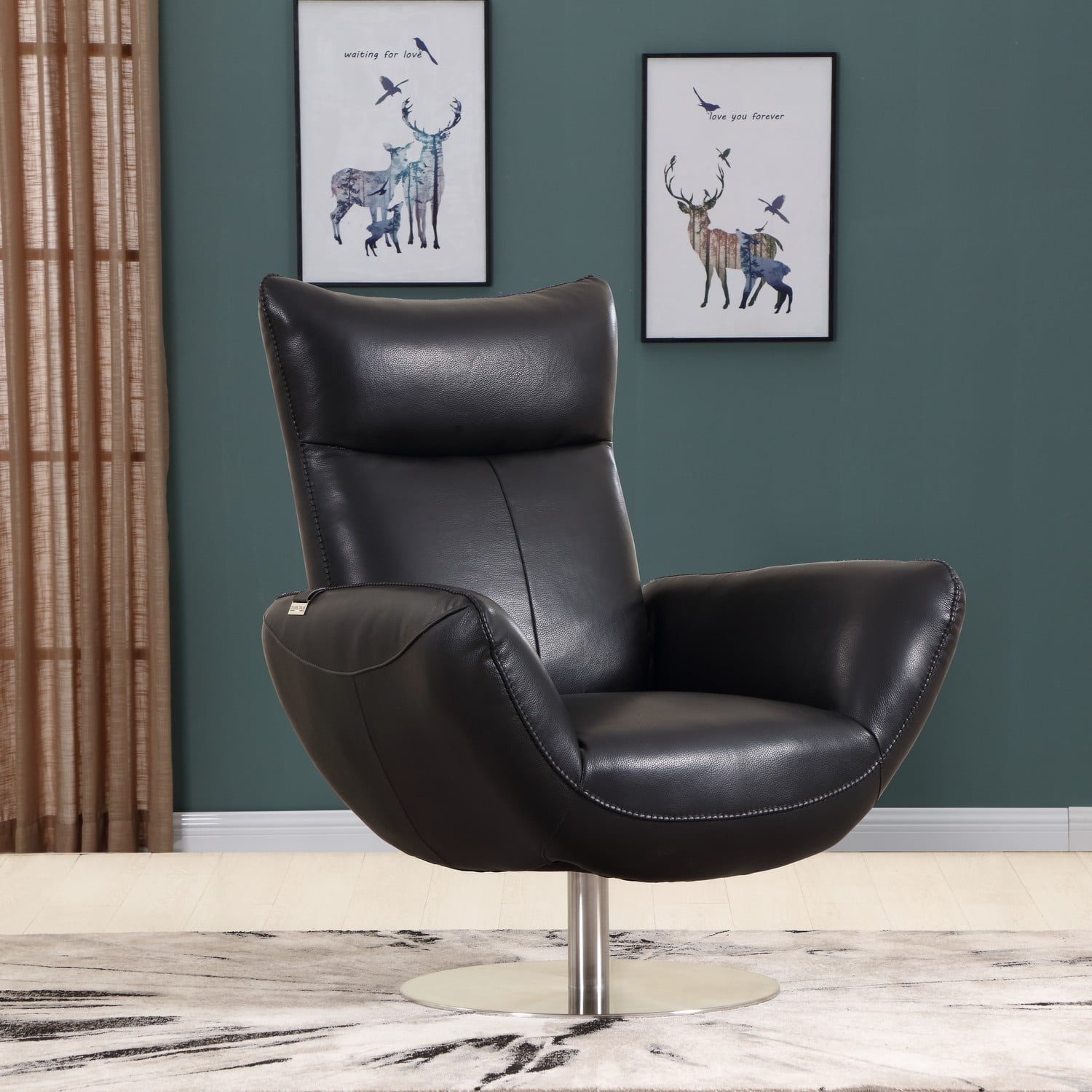 Modern Swivel Recliner Accent Chair in Black Leather