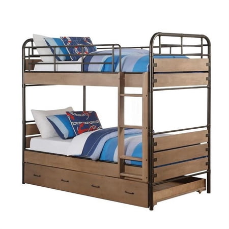 Home Roots Twin Over Twin Bunk Bed, Antique Oak & Gunmetal