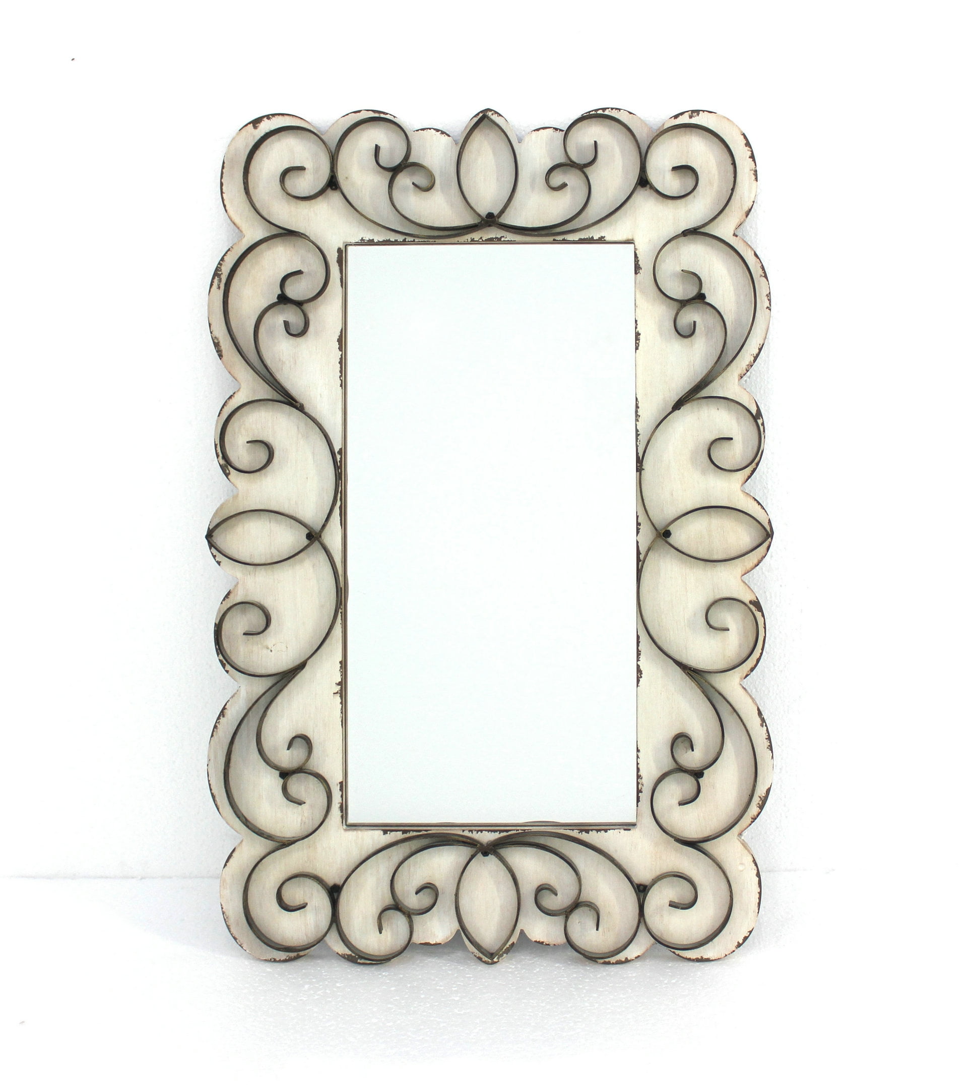 Antiqued White Rectangular Wood Vanity Mirror with Scroll Floral Metalwork