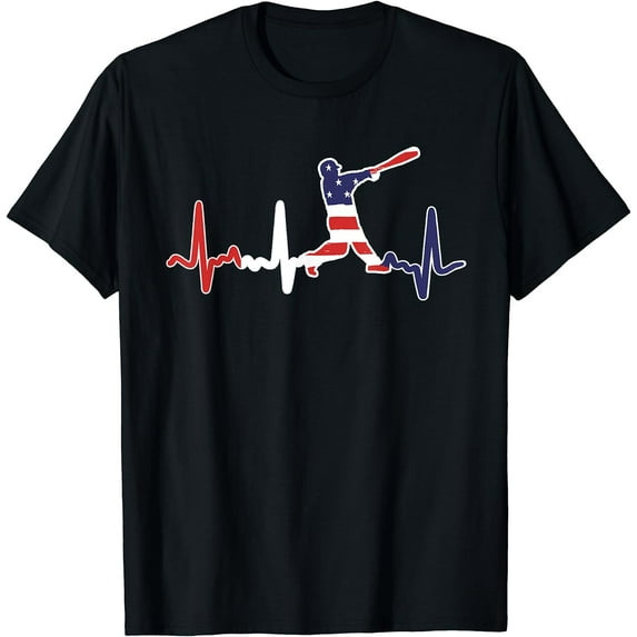 Home Run Baseball Flag Baseball Heartbeat T-Shirt Black 4X-Large