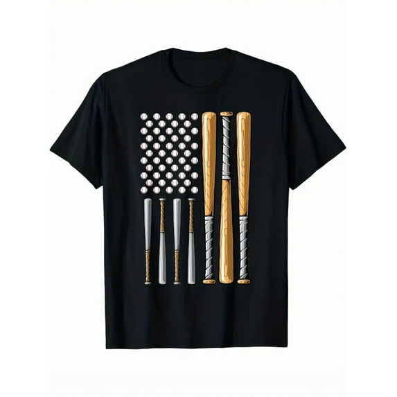 Home Run Glory Baseball American Flag T-Shirt - Patriotic Baseball Bat & Ball Graphic Tee, Relaxed Fit Crew Neck Shirt for Boys, Youth, Adults - Baseball Fan Apparel, Machine