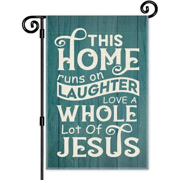 This Home Runs on Laughter Love a Whole Lot of Jesus Garden Flag, Double Sided Yard Outdoor Farmhouse Lawn Porch Decor Flag, Christian Religious Decor Flag, Bible Faith Housewarming Gifts