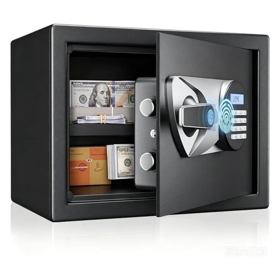Home Safe Box 1.0 Cubic Feet Biometric Gun Safe Quick Access Fingerprint Security Lock Box for Cash, Jewelry with Dual Alarm System LCD Display and Fireproof Bag