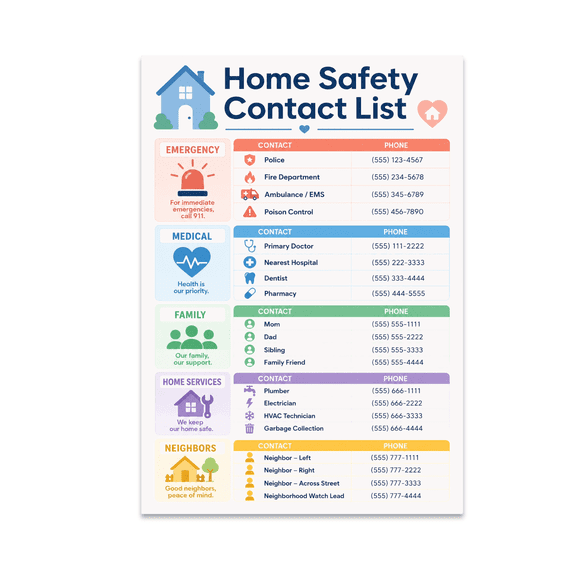 Home Safety Contact List Poster - Home Organization - 13x19 Poster Print