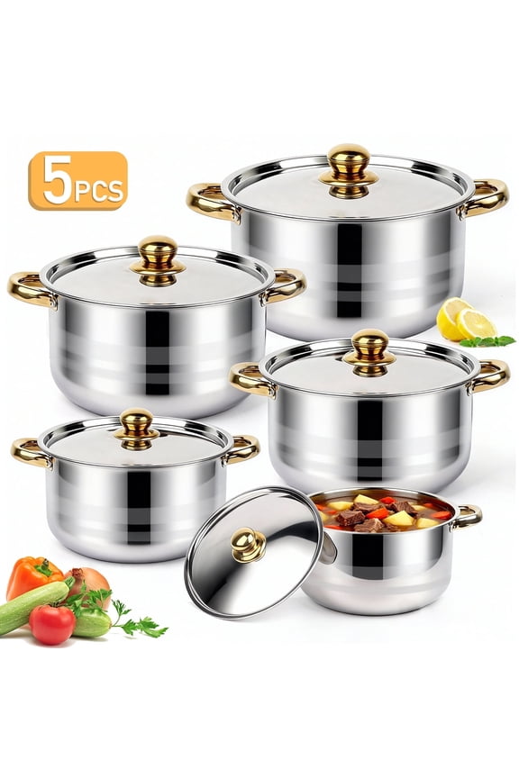 Home Sauce Pot, TAIMASI 5 PCS Stainless Steel Stock Pot with Lid for Pasta, Soup, Non Stick Stainless Steel Cookware Set Cooking Pot for All Cooktops