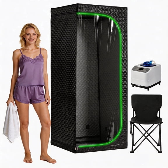 1200W Portable Home Spa & Sauna Room Set, Smart Steam Generator with Negative Ions, Thick Insulated Fabric, LED Light & Chair
