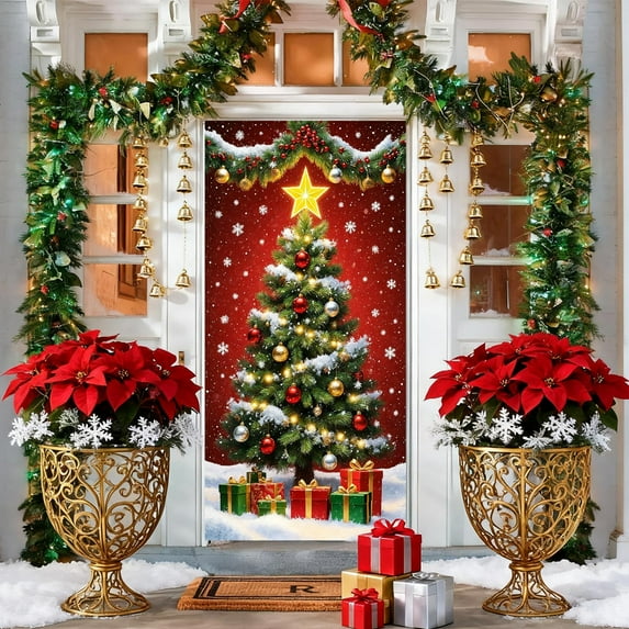 Home Savings! YZEGDCH Christmas Door Cover, Christmas Door Banner, Xmas Winter Seasonal Holiday Party Porch Wall Hanging New Year Entryway Decoration, Christmas Gifts for Dad Mom