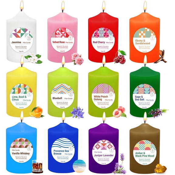 Home Scented Color Pillar Candles Set of12-2x3 inch - Dripless and Smokeless Large Pillar Candles, 20-Hours Long Burning Time Paraffin Candle for Dinner Table, Christmas and Home Deco