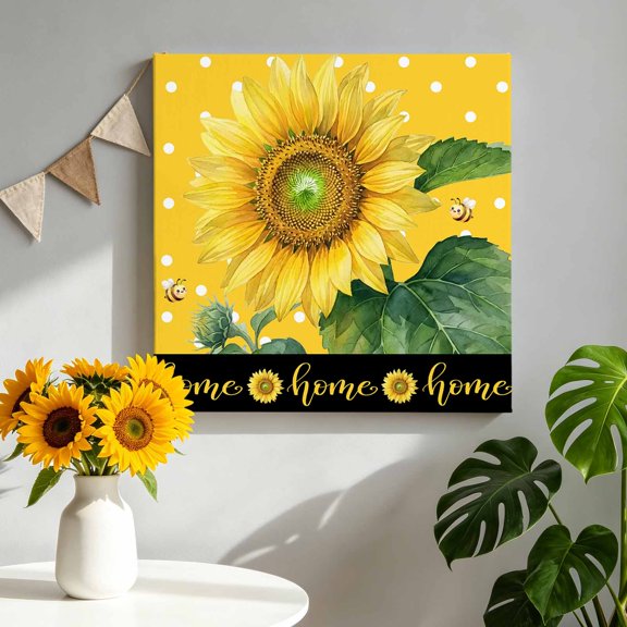 Home Script Canvas Wall Art, Rustic Farmhouse Yellow Sunflower Bee Polka Dot Pictures Wall Decor Wooden Framed Artwork Art Prints for Living Room Hallway Bedroom Office 8"x8"