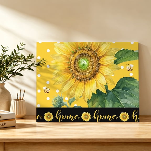 Home Script Canvas Wall Art, Rustic Farmhouse Yellow Sunflower Bee Polka Dot Wall Art Prints Artwork Framed Canvas Ready to Hang Art Pictures for Bathroom Bedroom Entry Desk Corner 10" x 8"