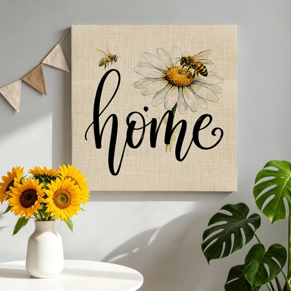 Home Script Canvas Wall Art, Rustic White Daisy Floral Honeybee Linen Texture Pictures Wall Decor Wooden Framed Artwork Art Prints for Living Room Hallway Bedroom Office 8"x8"
