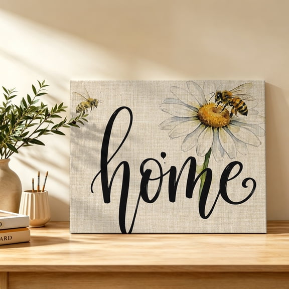 Home Script Canvas Wall Art, Rustic White Daisy Floral Honeybee Linen Texture Wall Art Prints Artwork Framed Canvas Ready to Hang Art Pictures for Bathroom Bedroom Entry Desk Corner 10" x 8"