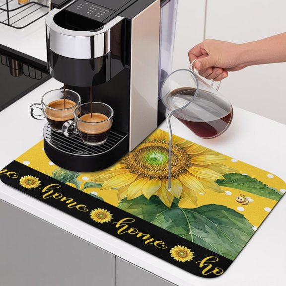 Home Script Dish Drying Mats for Kitchen Counter, Rustic Farmhouse Yellow Sunflower Bee Polka Dot Absorbent Coffee Bar Mat with Non-slip Rubber Backed Quick Drying Dish Rack Pad 12"x16"