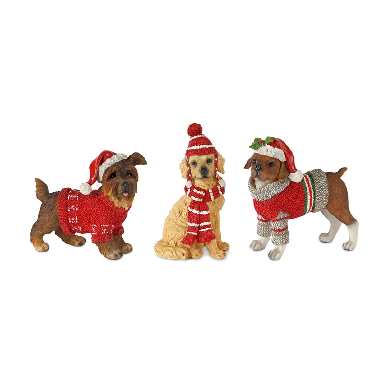 Festive Winter Dog Figurines in Red Sweaters, Set of 3