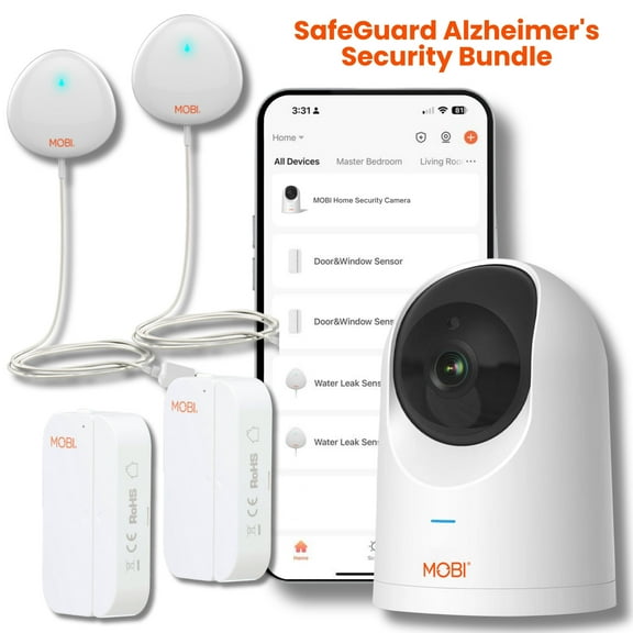 Home Security Bundle for Alzheimer's Patients: 1 x Camera, 2 x Door/Window Sensor, and 2 x Water Leak Sensor - Expandable by Adding Additional Monitoring Devices