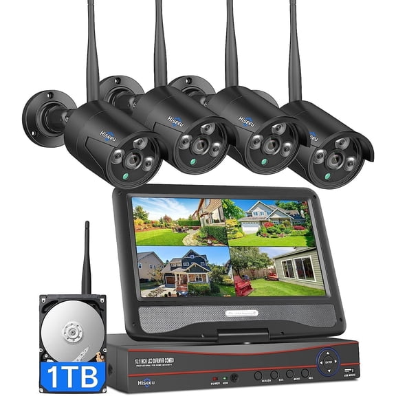 Home Security Camera System, 24/7 Recording Wired Plug-in Powered 4Pcs 5MP Outdoor Cameras, 10.1" LCD 16CH 8MP NVR&Monitor, One-Way Audio, Motion Detection, 1TB HDD, 2.4G/5G Wireless WiFi Pro