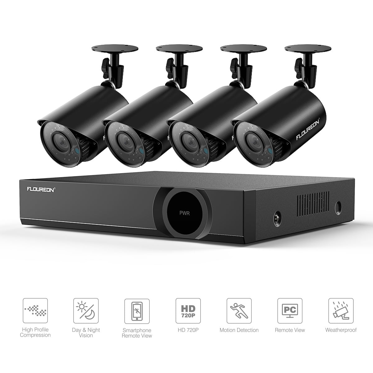 Home Security Camera System, FLOUREON Outdoor Security Wired Surveillance Cameras with 4CH 720P HD Night Vision Indoor Outdoor Weatherproof CCTV Cameras Motion Alert