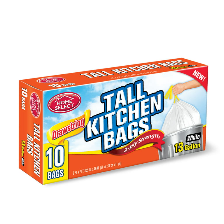 Basic Kitchen Trash Bags, 13 Gallon, 10 Bags (Drawstring)