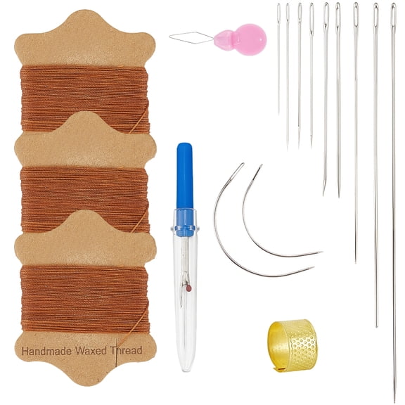 Home Sewing Kit 3 Spools Brown Waxed Sewing Thread 11Pcs Heavy Duty Needles 1Pc Seam Ripper 1Pc Threader 2Pcs Thimbles