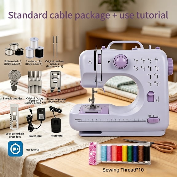 For Home Sewing Machine Electric, Built-In 12 Needles, Overlock Function, Button Sewing And Thread Winding, Light Purple, Sewing Additions, Suitable for Home, School, Daily Sew