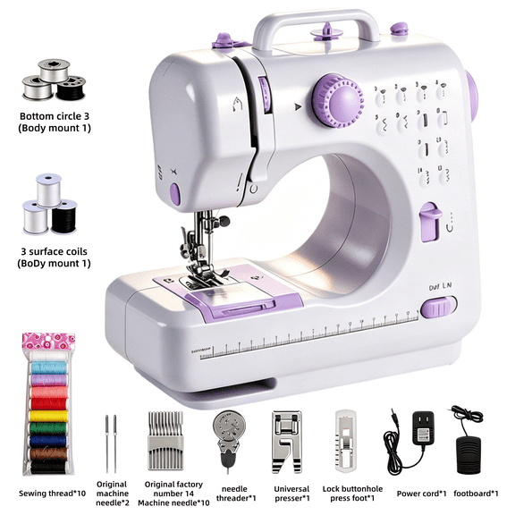 For Home Sewing Machine Electric, Built-In 12 Needles, Overlock Function, Button Sewing And Thread Winding, Light Purple, Sewing Additions, Suitable for Home, School, Daily Sew