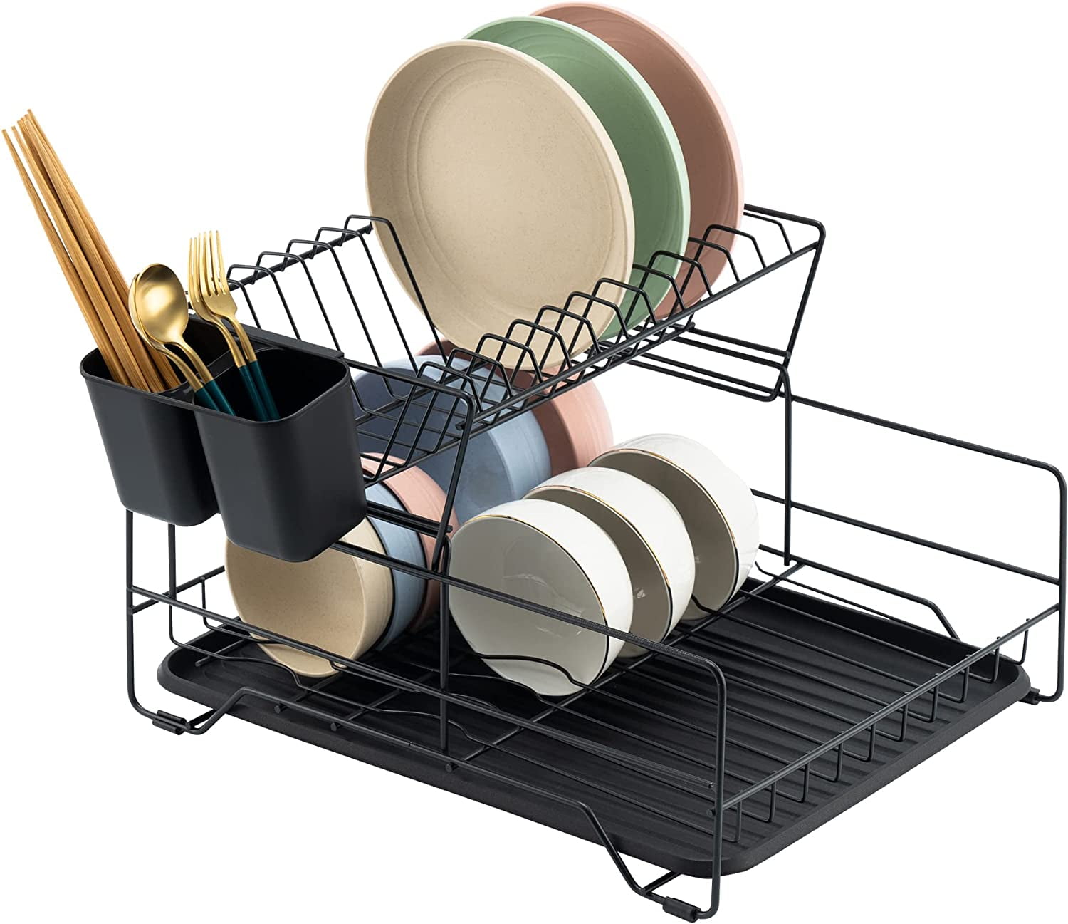 Home Shark 2 Tier Dish Drainer Rack Set, White Counter Rust-Resistant Draining Dish Rack Drainer for Kitchen