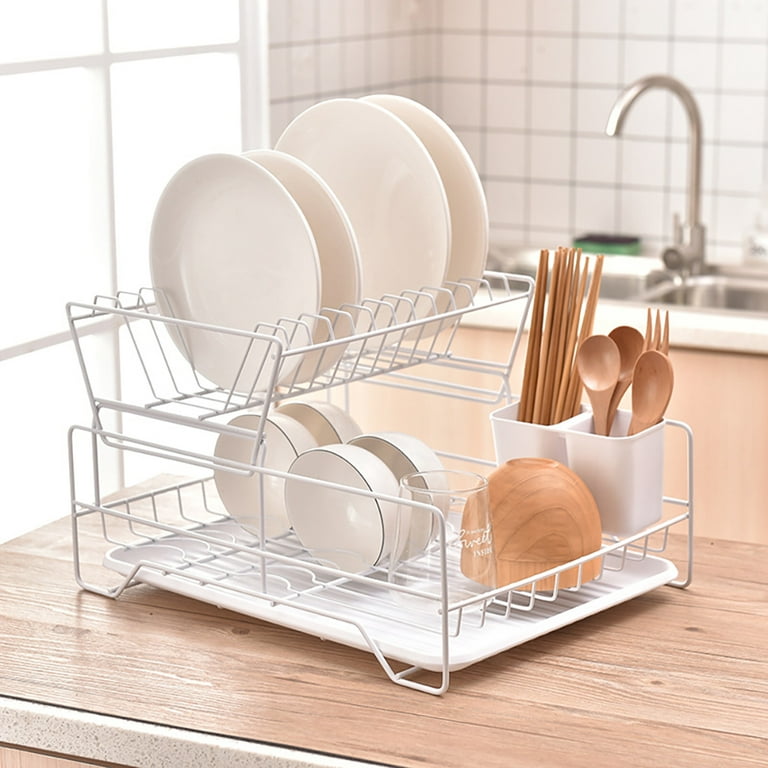 Double-layer Dish Drying Rack with Drip Tray Kitchen Sink Storage
