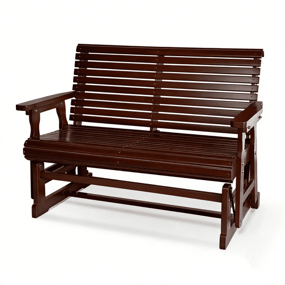 Fortune candy Wood Patio Glider with High Roll Back and Deep Contoured Seat, for Outdoor, Garden, Yard, Lawn, 2-Seaters, Red Brown