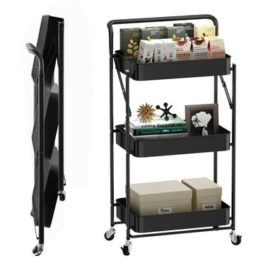 Home Shark Fruit Vegetable Storage Basket for Kitchen, Black 3 Tier Metal Market Basket Stand with Wheels