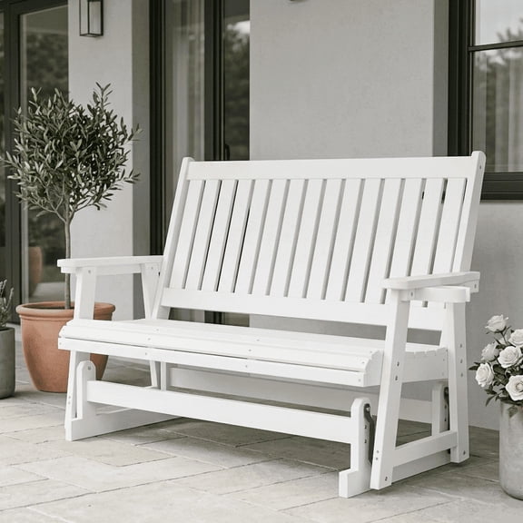 Mosbrisa HIPS Patio Glider 3 Seat with Cup Holders, Heavy Duty 900 lbs for Outdoor, White