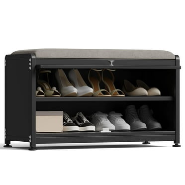 Home Shark Shoe Storage Cabinet with 2 Tier Shoe Rack, Entryway Bench with Cushion, Metal, Black