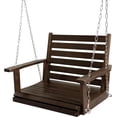 thumbnail image 1 of Home Shark 1 Person Outdoor Wooden Porch Swing with Ergonomic Seat and Hanging Chains, Deep Brown, 1 of 7