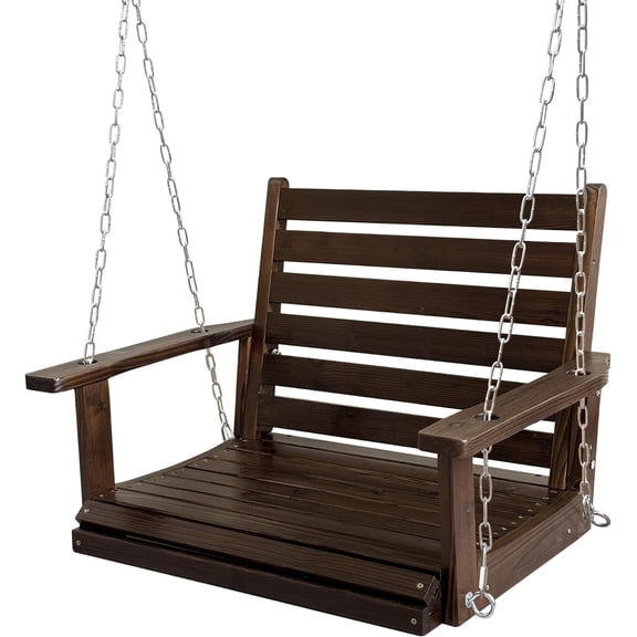 Home Shark 1 Person Outdoor Wooden Porch Swing with Ergonomic Seat and Hanging Chains, Deep Brown