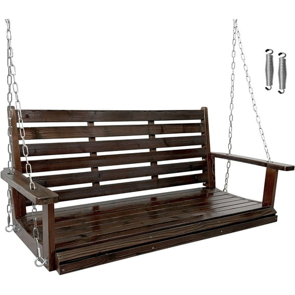 Fortune Candy 2 Seater Wooden Porch Swing with Hanging Chains, Heavy Duty 880 lbs, 4.5 ft Deep Brown