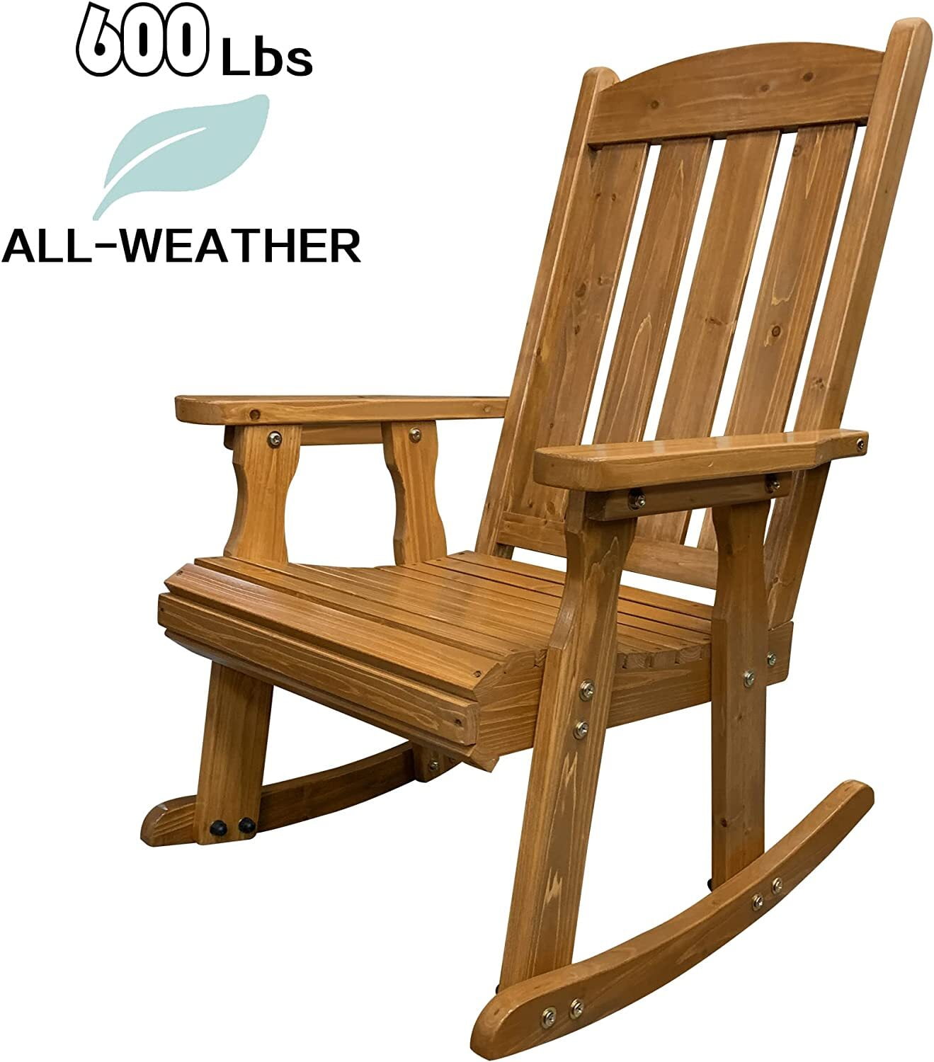 Home Shark Wooden Rocking Chair for Indoor Backyard Porch and Patio Heavy Duty 600 LBS All Weather Brown