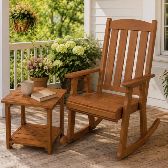 Fortune Candy Wooden Rocking Chair with Side Table Set for Porch, Patio and Backyard, Teak Tone