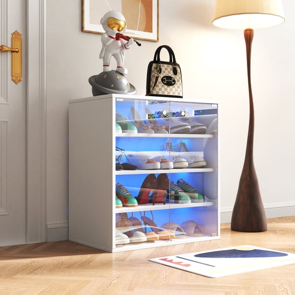 Home Shoe Box With RGB LED Light, Space Saving Shoe Boxes Stackable, Sneaker Containers With Clear Glass Door, Wooden Sneaker Organizer For Front Door Entrance