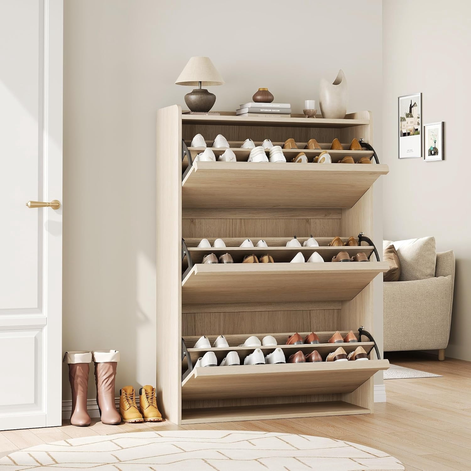 Home Shoe Cabinet with 3 Flip Drawers, Wooden Shoe Organizer Cabinet ...