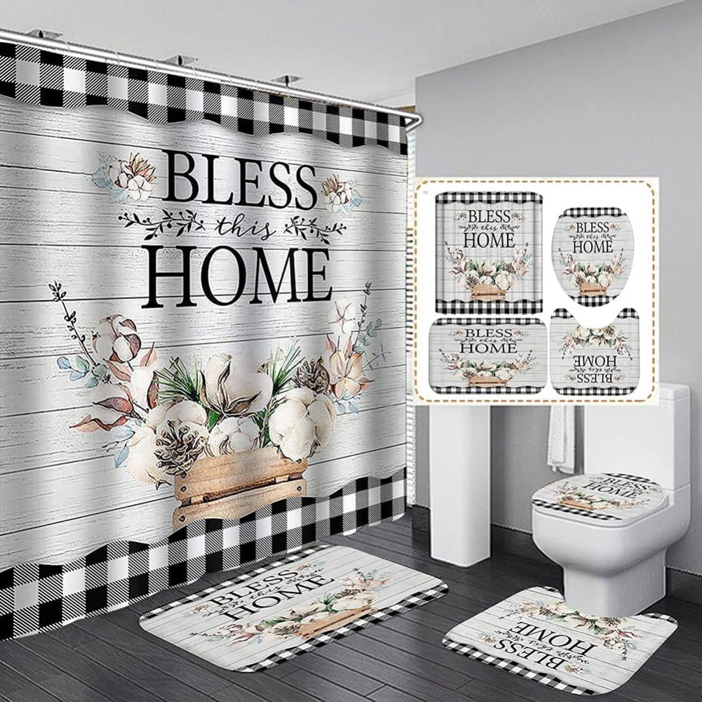 Home Shower Curtain Set Rustic Shower Curtain Sets with Rugs,Plaid Bathroom Curtain Set with ...