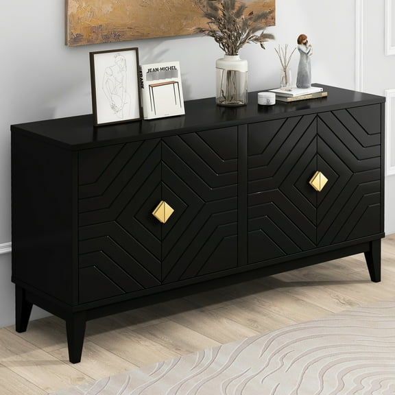 Home Sideboard With 4 Doors, Black. Solid Rubber Wood & . Adjustable Shelves. Appealing Gold Handles. Abundant Storage 4-door Cabinet, And Shelf 150lbs Tabletop Load-bearing. 66lbs Stylish For