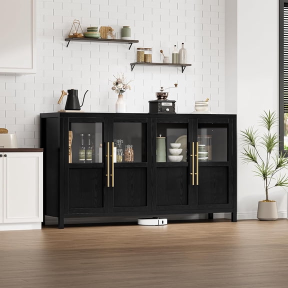 Home Sideboard Buffet Cabinet with 4 Glass Doors, 55" Large Buffet Cabinet with Storage, Modern Farmhouse Storage Cabinet Table for Kitchen Dining Room, Living Room
